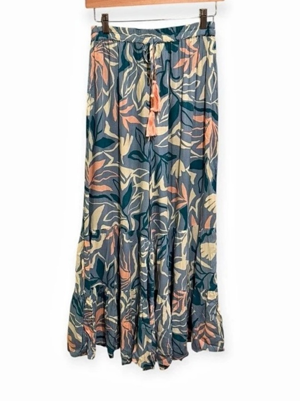 True Destinations Tropical Leaf Print Tiered Wide Leg Pants Boho Size M